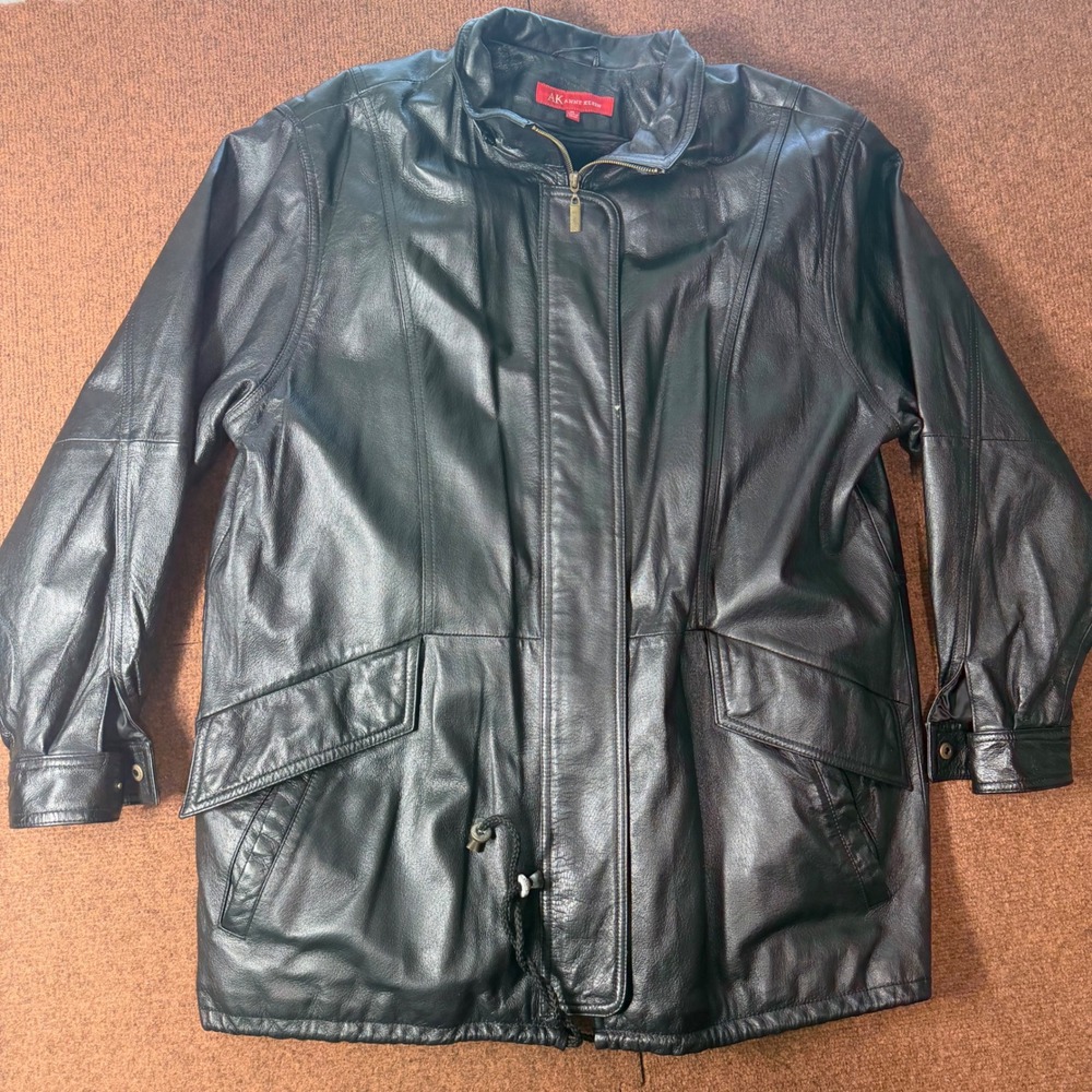 Anne Klein Black Leather Jacket XL Faux Fur Lined Zip Front Parka Coat